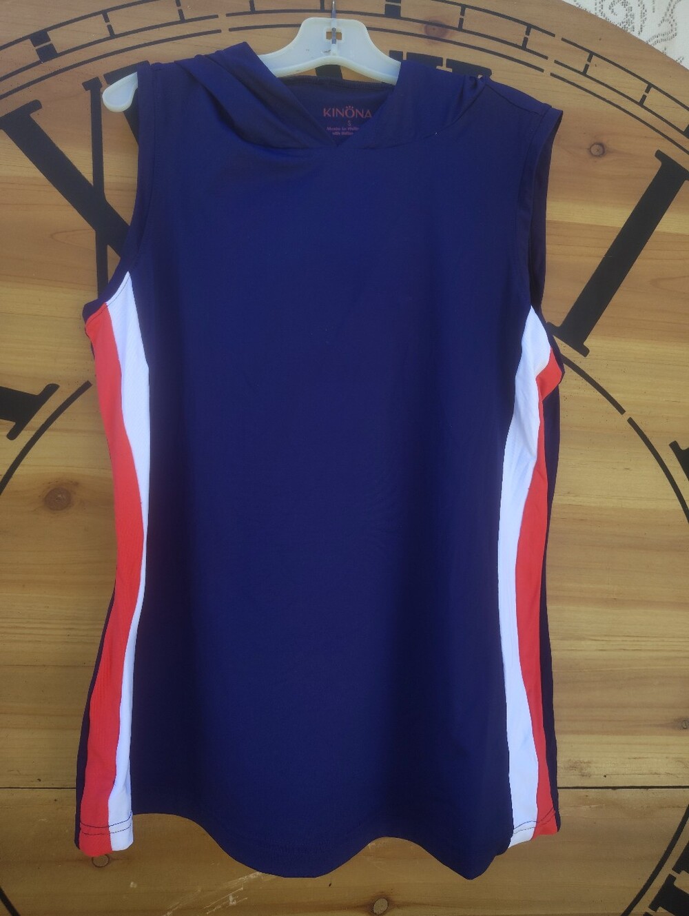 Kinona Navy Sleeveless Hoodie Tank with Red & White Stripe